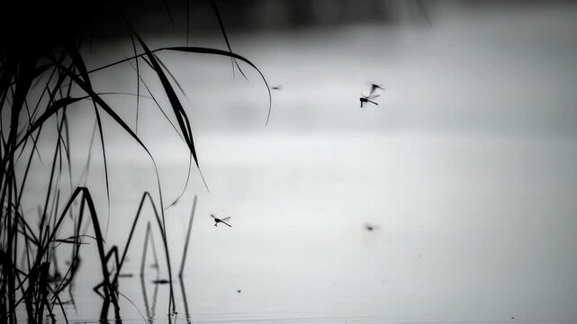 Monochrome nature scene with reeds, water, and midges