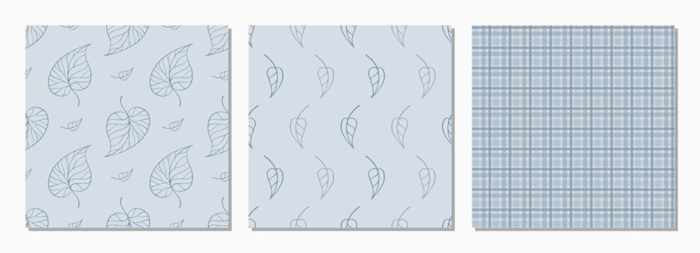 Hand drawn leaf seamless patterns. Soft blue botanical and simple plaid backgrounds set