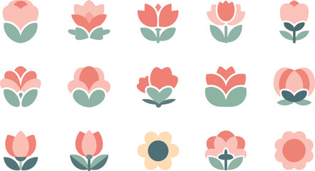 Fototapeta premium Various pink and green tulip and flower on white background flowers tulips