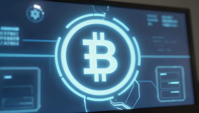Illuminated Bitcoin Symbol on Digital Screen Representing Cryptocurrency Technology