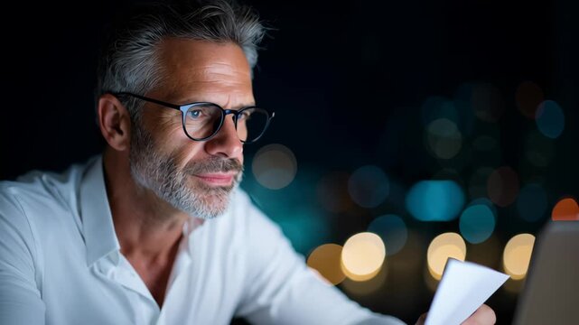 Business Manager Staying Late to Rewrite Project Plans in a Dimly Lit Office Setting, Reflecting on Team Goals and Upcoming Deadlines