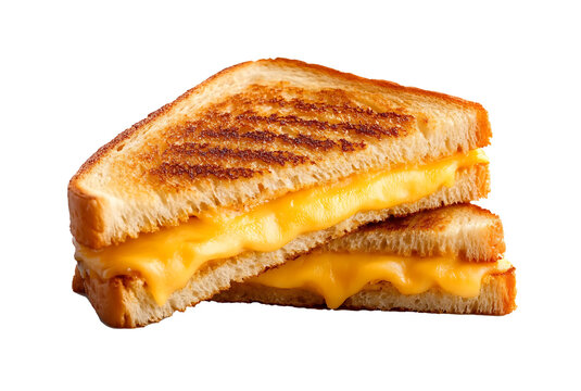 Stacked grilled cheese sandwich dripping melted yellow cheese on white bread png transparent background