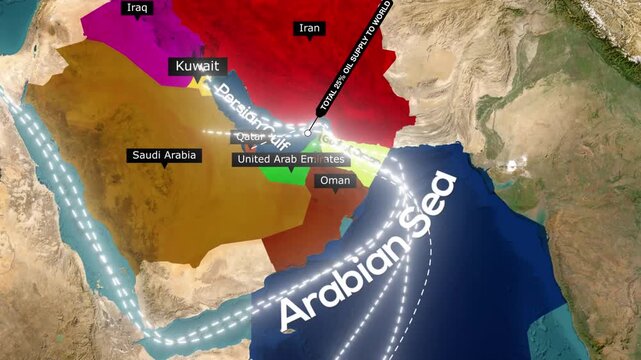 Geographic map animation highlighting the Strait of Hormuz, a critical shipping lane for global oil trade. Visualization of the Middle East strategic waterway connecting the Persian Gulf to the Arabia