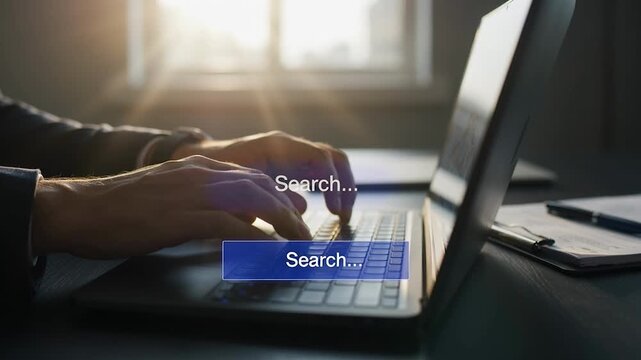 Person typing on laptop with search bar on screen in office setting with sunlight