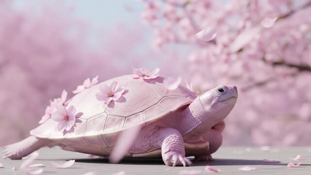 Whimsical Pink Turtle with Cherry Blossoms in Spring