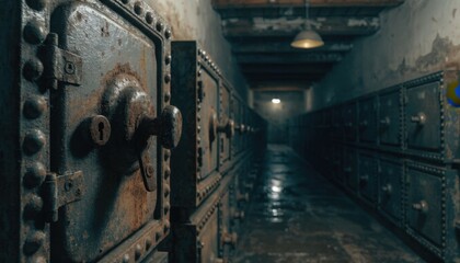 View down a dimly lit corridor of old safe deposit boxes with focus on a rusty lock mechanism the rest of the corridor fading into soft shadows.