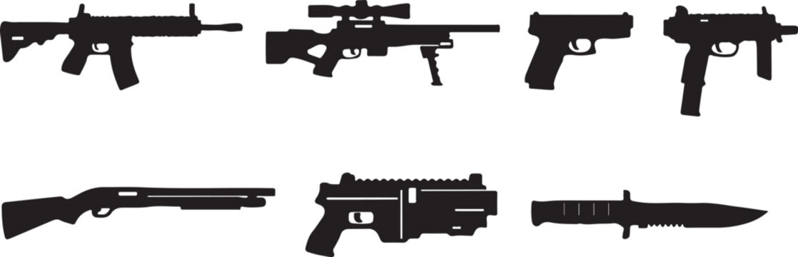 Modern Military Weapon Icons Set Rifle Sniper Pistol SMG Shotgun Knife Combat Vector