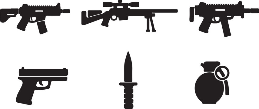 Combat Gun Silhouette Collection SMG Sniper Rifle Pistol Grenade Tactical Weapon Icons