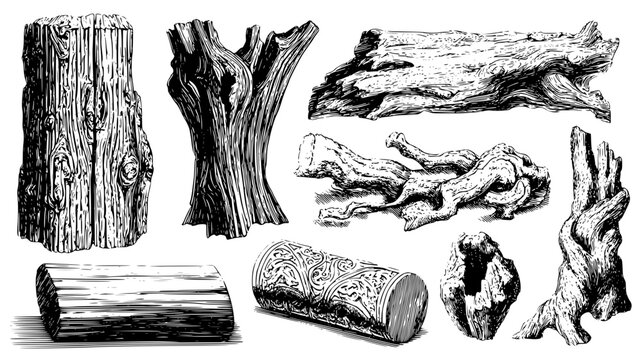 Ancient wood kit including gnarled roots and bark art, vector art set