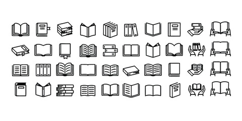 Collection of linear book icons, representing knowledge and learning with different styles