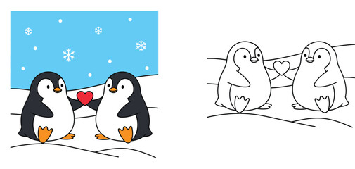 Cute cartoon penguins holding a heart in the snow, side-by-side color illustration and black and white line art outline for kids coloring book page © MMONIR