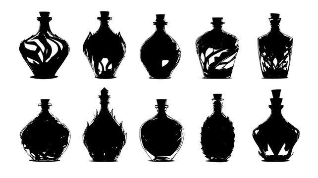 Change elixir family with strange bottle shapes and eerie glows, illustration collection