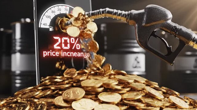 Fuel nozzle emerging from smartphone screen dripping gold coins onto pile with oil barrels background and price increase display illustrating high energy cost global inflation and rising economy.