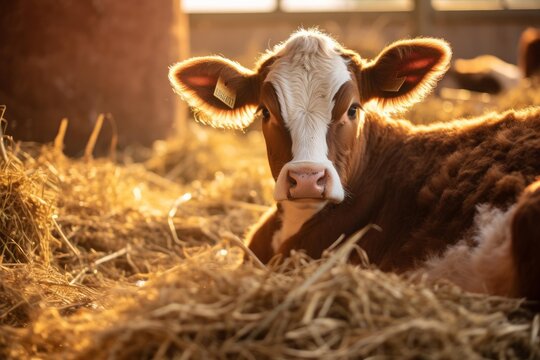 Young calf lying on hay looking at camera, backlit by warm sunset light