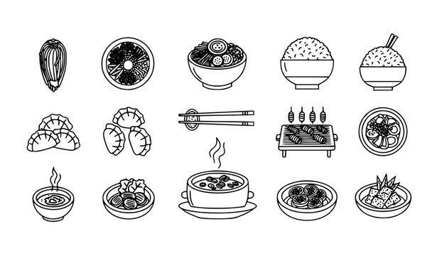 Traditional Korean Cuisine Black Outline Vector Icon Set
