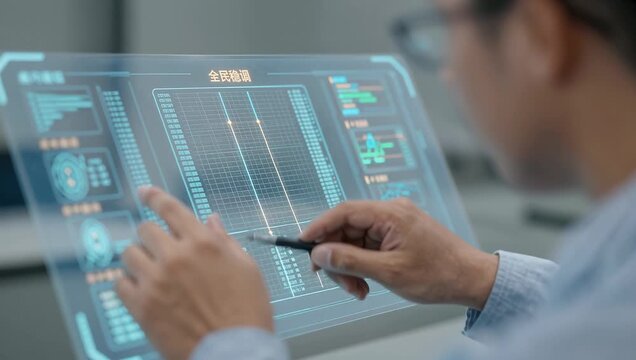 Male Asian Adult Interacting with Futuristic Touchscreen Display