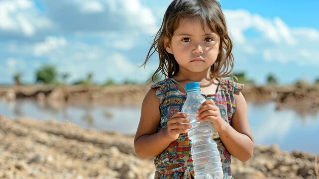 Impoverished little girl holding a bottle of water in a dry land