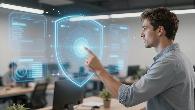 Male Adult Caucasian Engaging with Virtual Security Interface in Modern Office Setting