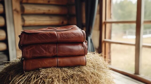 Three stacked brown leather bags sit atop a hay bale by a window. Log cabin interior in soft focus