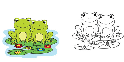 Obraz premium Coloring book page with two cute cartoon frogs sitting on lily pads, colored example and black and white outline vector illustration.