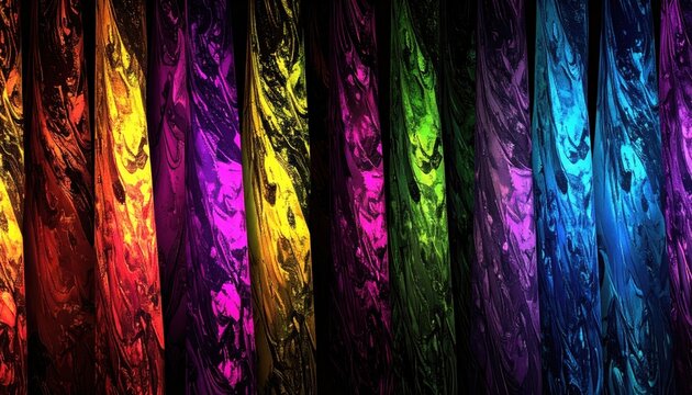 Pannelli in tessuto drappeggiato con sfumature arcobaleno e trame astratte
