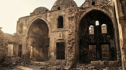 Naklejka premium Ancient ruins of a historic stone building with arched doorways and domes under a clear sky.