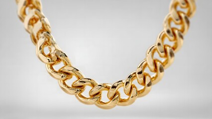 Obraz premium Close-up of a shiny gold chain with thick, interlocked links, reflecting light on a plain background.