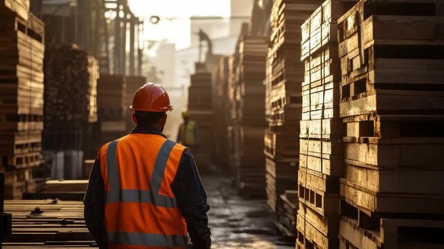 A worker in high-vis walks down an alley between stacks of wooden pallets, backlit by sun