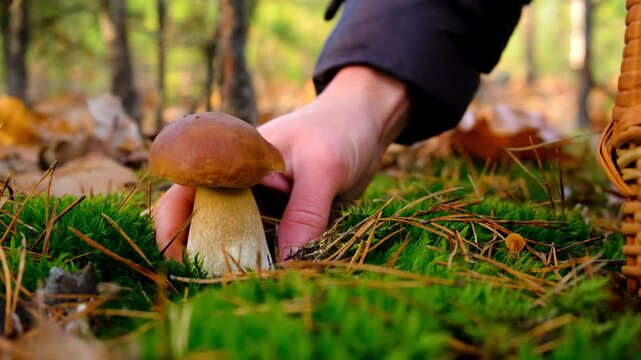 Mushroom picking in the forest. Selective focus.