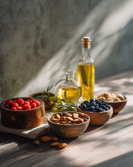 Longevity superfoods display with berries greens nuts and olive oil on wooden table wellness nutrition concept