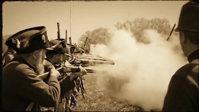 Historical reenactment of a battle with soldiers firing muskets.