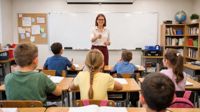 Question with group of children in classroom and raise their hands to answer. Education and school concept.
