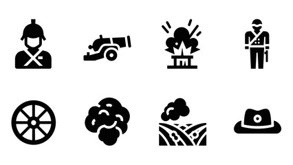 Obraz premium Silhouette icons of historical military elements with soldiers and cannons