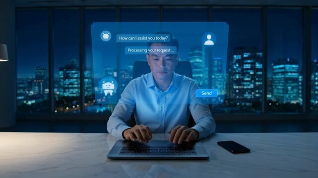 Man sitting at desk with laptop and smartphone at night with city view and chatbot interface