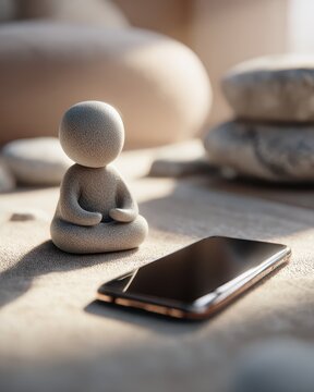 Human figure meditating calmly while smartphone lies face down nearby, mindfulness practice concept illustrating reduced screen time, digital detox habit and balanced mental wellness lifestyle.
