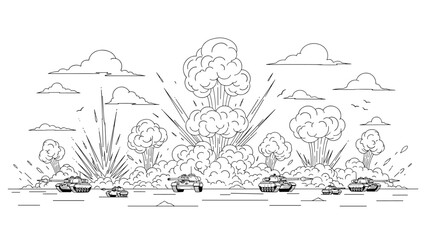 Fototapeta premium Explosive battle scene with tanks and clouds in linear black and white style
