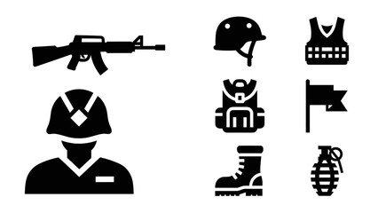 Obraz premium Military icons set: weapons, gear, and equipment in bold silhouette style