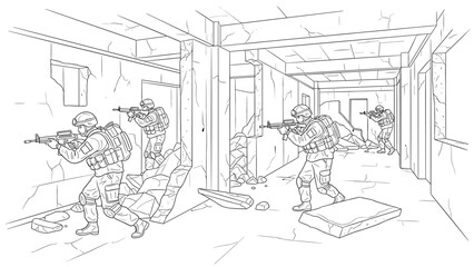 Obraz premium Military operation in urban ruins: soldiers advancing with tactical precision