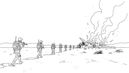 Obraz premium Military rescue operation near crashed aircraft in desert landscape