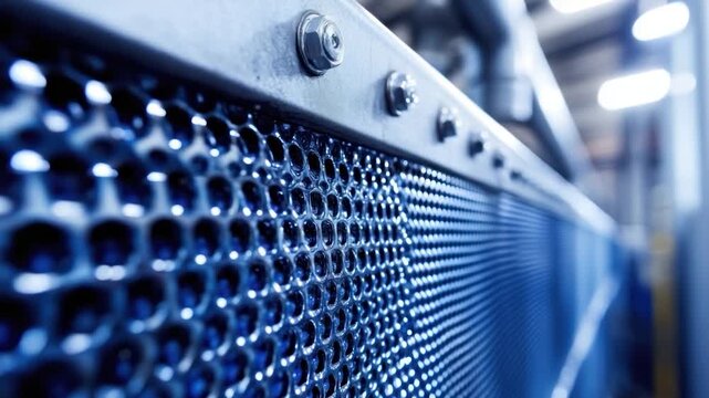 Close-up of a perforated metal surface with bolts. A blurred background adds depth