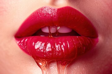 Obraz premium Rich red lips glisten with honey dripping down
