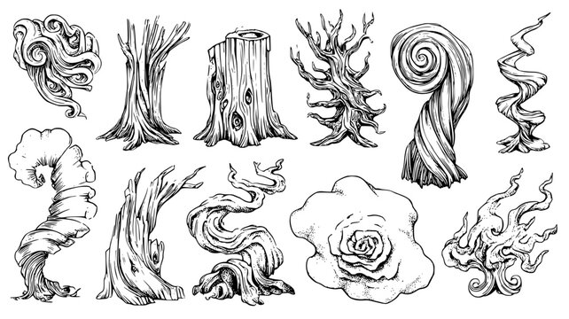 Enchanted root kit including spiraling wood and bark, illustration collection