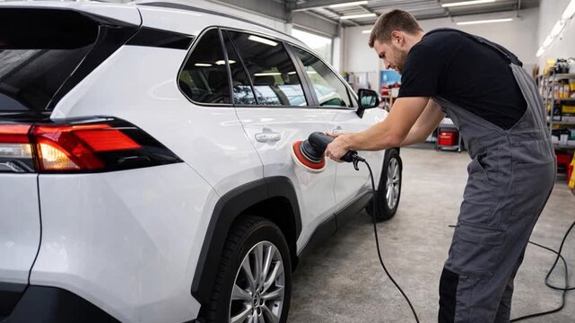 Professional detailer polishing a suv car with an orbital buffer in a clean garage.

