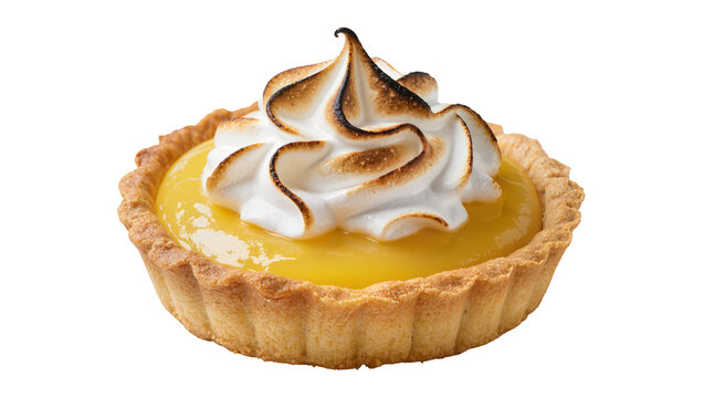 Isolated miniature tart filled with lemon curd and topped with toasted meringue swirls
