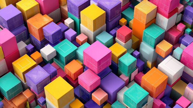 Vibrant intersecting colorful cubes representing diversity, inclusion, intersectionality, multicultural connections, collaboration, unity, and social harmony concept