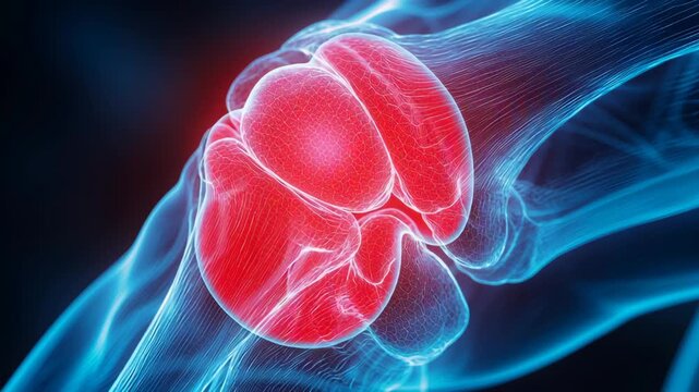 Close-up of a human knee joint highlighting inflammation and pain, showcasing the intricate anatomy and potential issues affecting mobility and overall health.