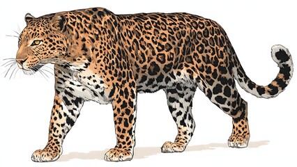 Fototapeta premium A detailed illustration of a leopard walking with its distinctive spotted coat and long tail.