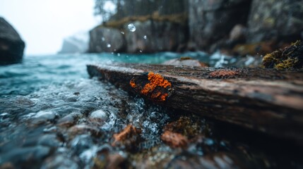 Fototapeta premium A weathered wooden log rests in tranquil waters, combining the serenity of nature with rustic beauty, representing peace, reflection, and the natural world.