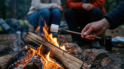 Campfire marshmallow roasting camping outdoor hand flame log, friend relaxing near firepit at dusk, cozy wilderness adventure, warm food snack beside glowing ember