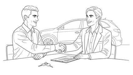 Car purchase agreement with handshake in linear style